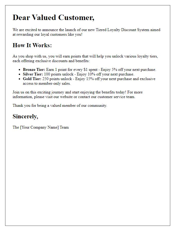 Letter template of launching a tiered loyalty discount system