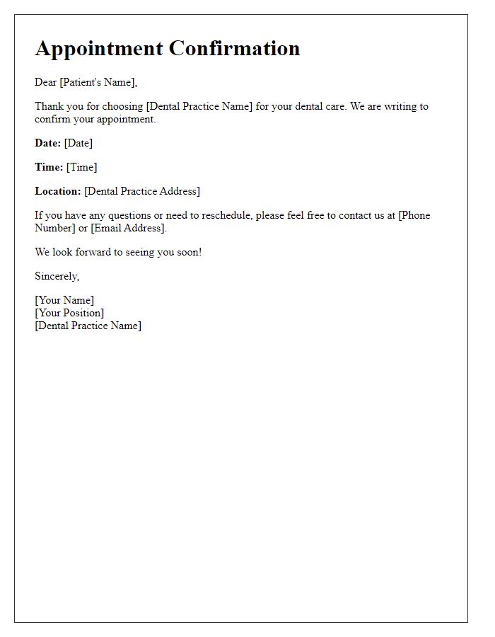 Letter template of appointment confirmation for a dental visit