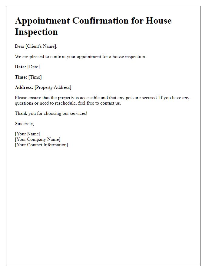 Letter template of appointment confirmation for a house inspection