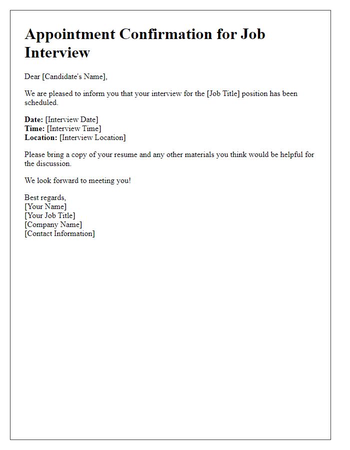 Letter template of appointment confirmation for a job interview