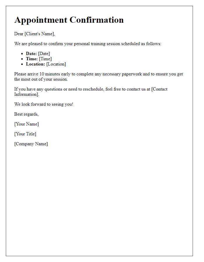 Letter template of appointment confirmation for a personal training session