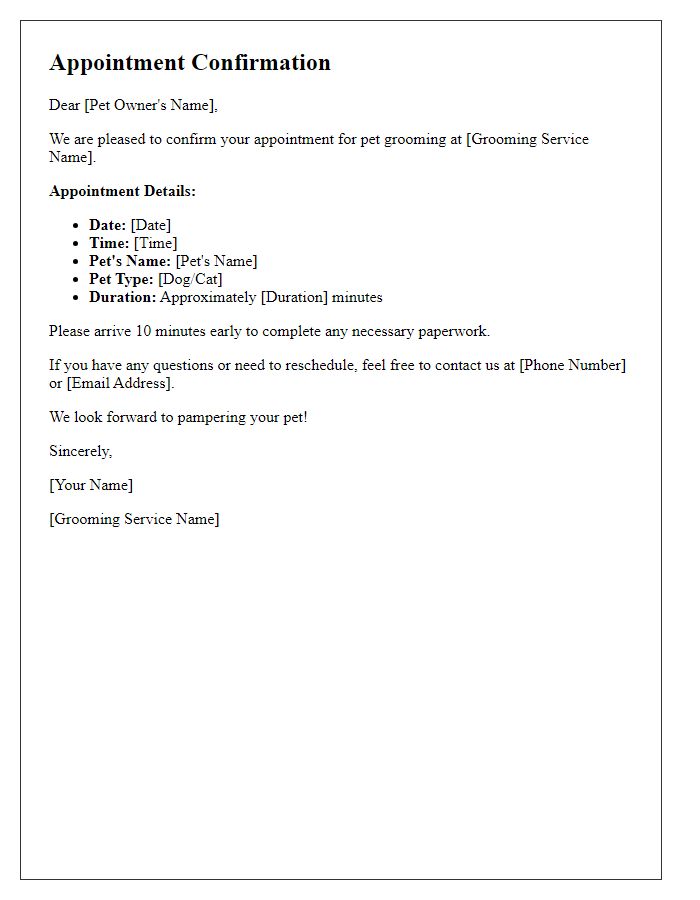 Letter template of appointment confirmation for a pet grooming service