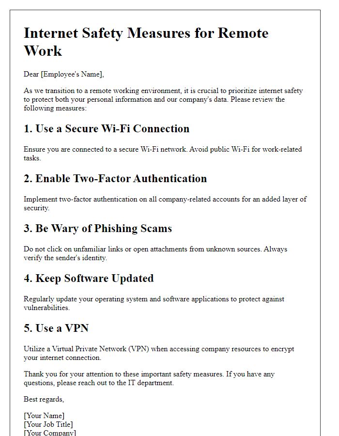 Letter template of internet safety measures for remote work