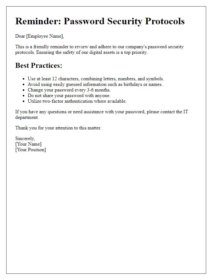 Letter template of a reminder for password security protocols