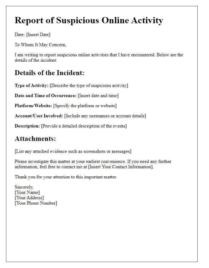 Letter template of reporting suspicious online activities