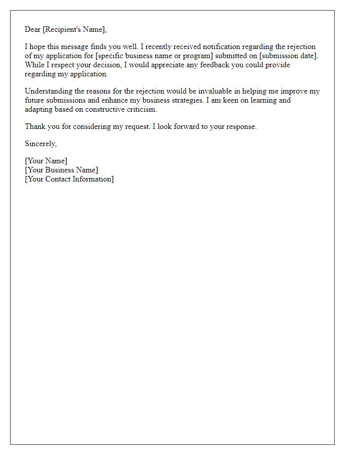 Letter template of feedback request after small business application rejection