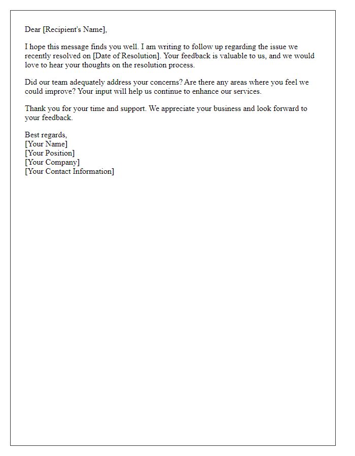 Letter template of follow-up on issue resolution feedback