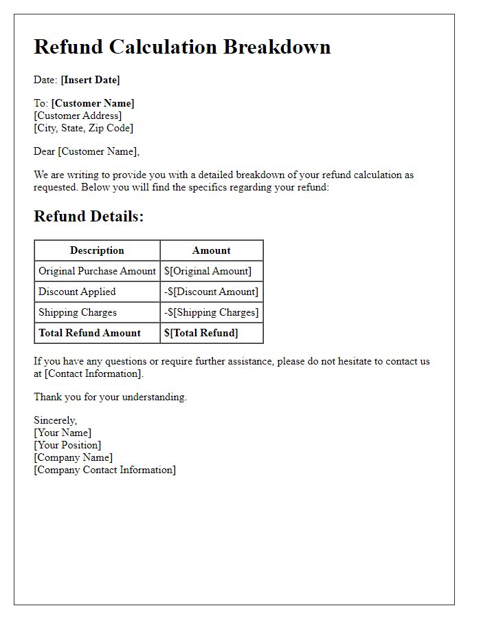 Letter template of refund calculation breakdown