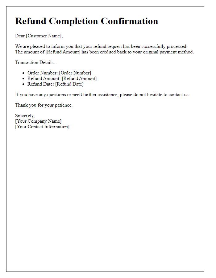 Letter template of refund completion confirmation