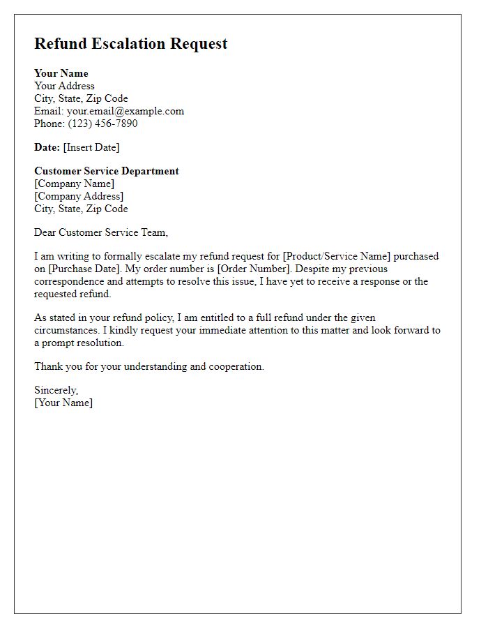 Letter template of refund escalation request