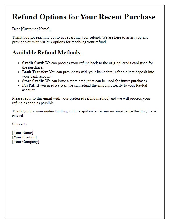 Letter template of refund method options