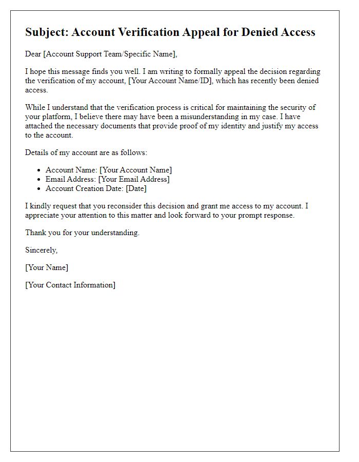 Letter template of account verification appeal for denied access