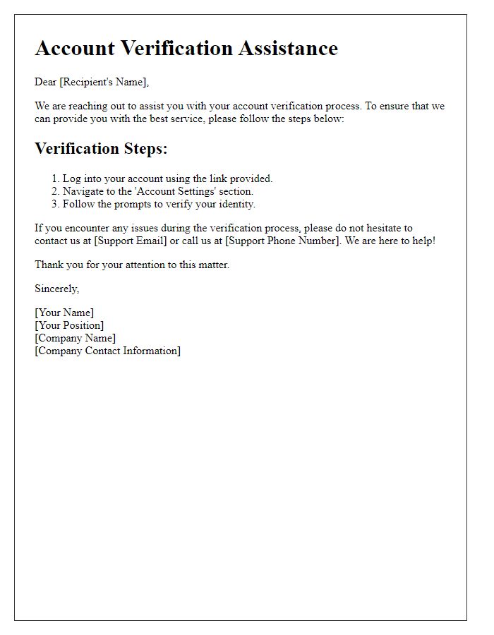 Letter template of account verification assistance for troubleshooting