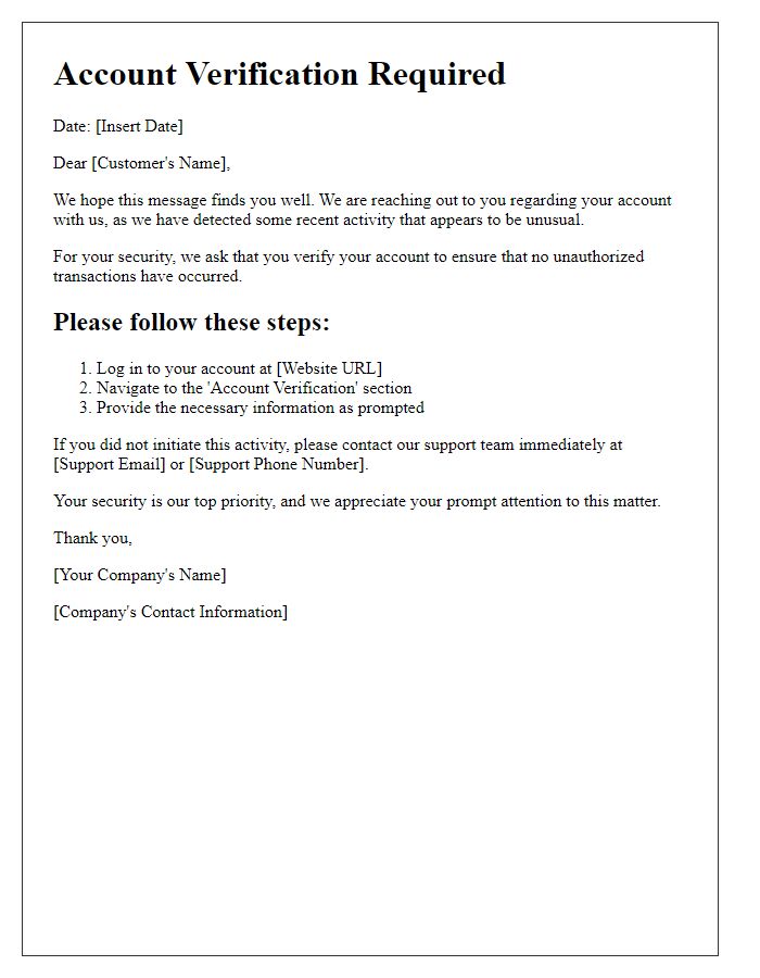 Letter template of account verification clarification for suspicious activity