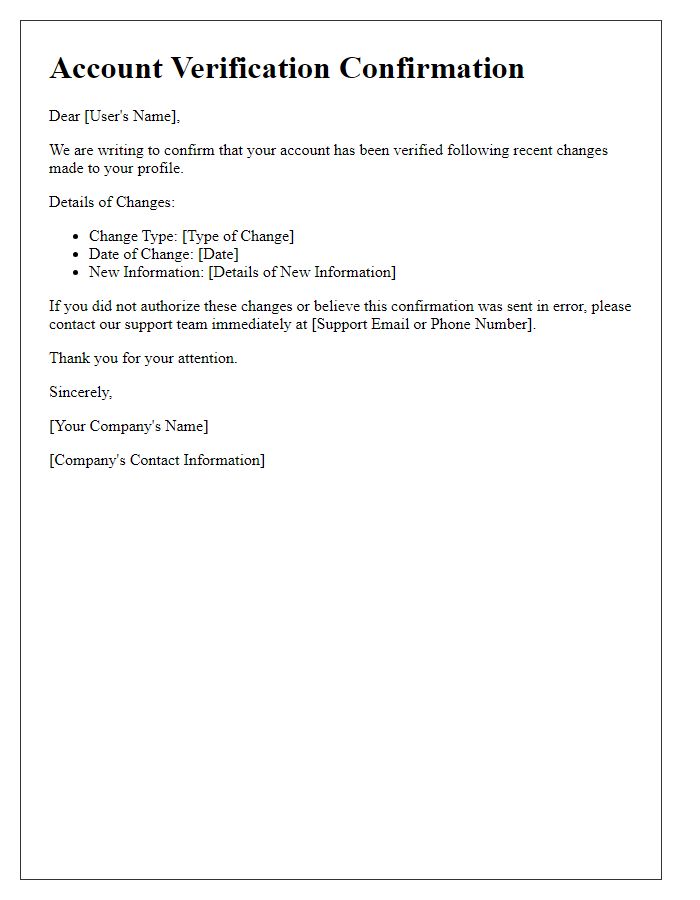 Letter template of account verification confirmation for recent changes