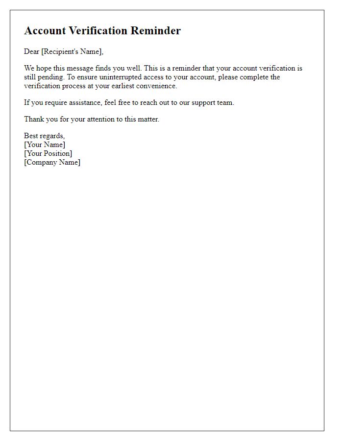 Letter template of account verification reminder for pending submission