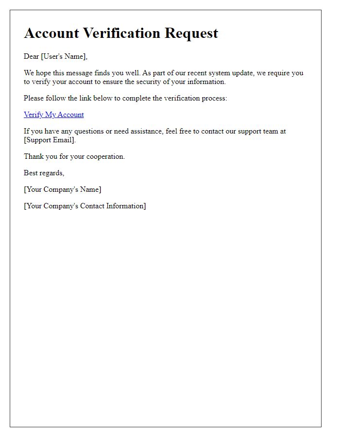 Letter template of account verification request after system update