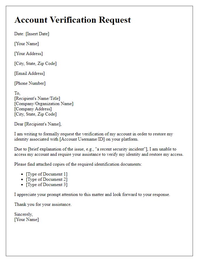 Letter template of account verification request for identity restoration