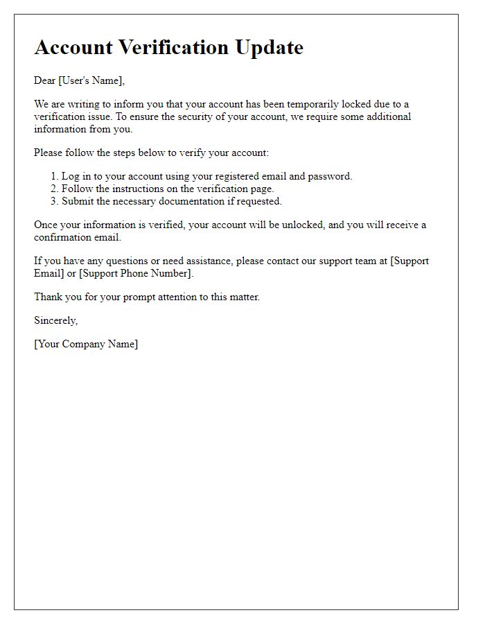 Letter template of account verification update for locked accounts