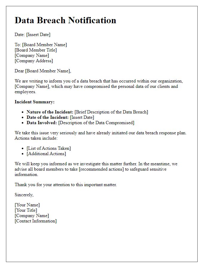 Letter template of data breach notification for board members.