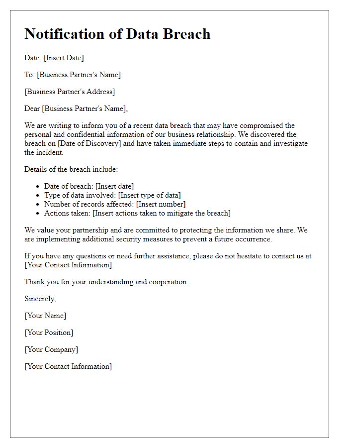 Letter template of data breach notification for business partners.