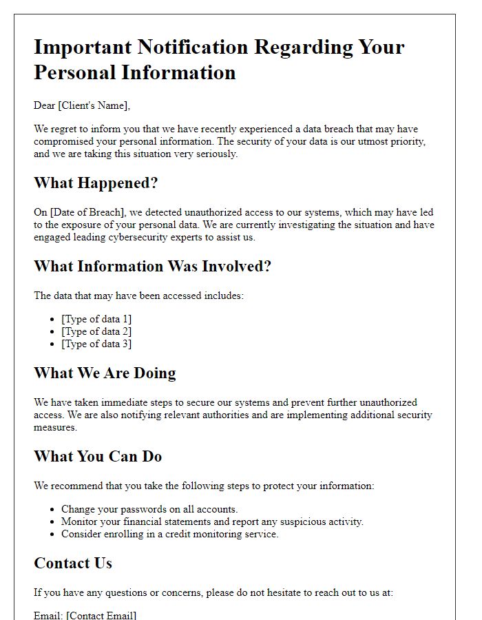 Letter template of data breach notification for clients.