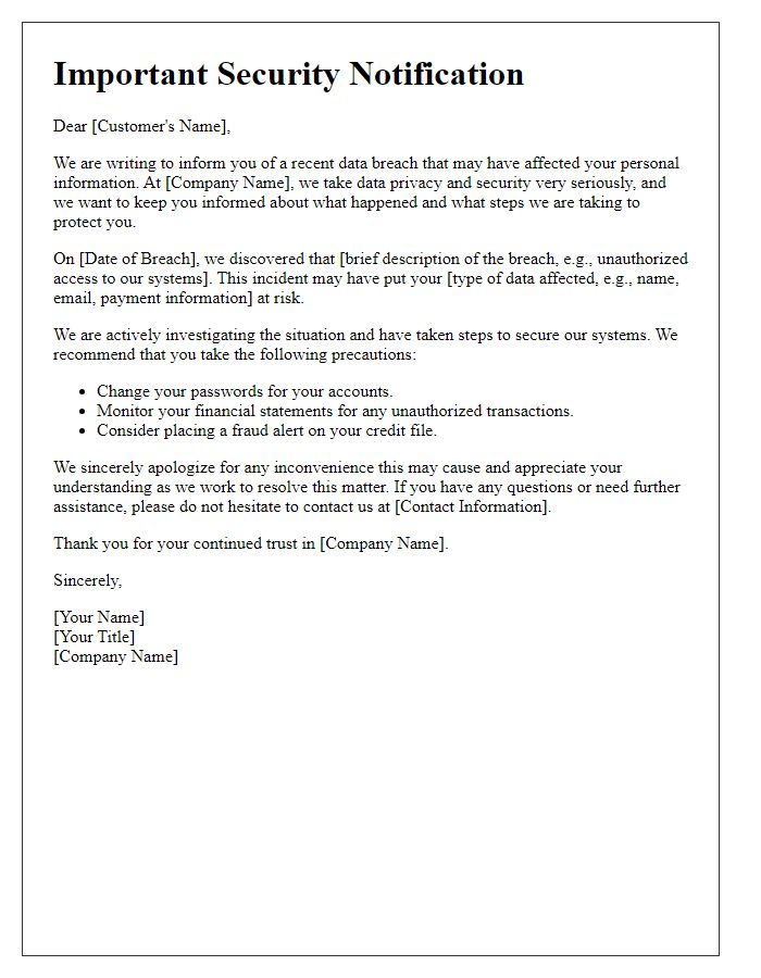 Letter template of data breach notification for customers.