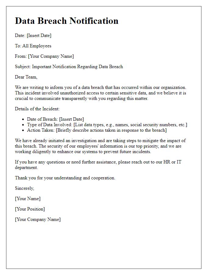 Letter template of data breach notification for employees.