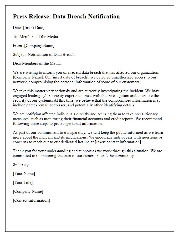 Letter template of data breach notification for the media.