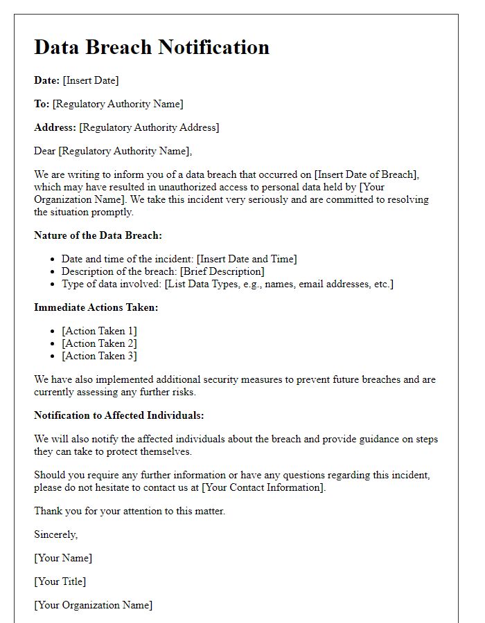 Letter template of data breach notification for regulatory authorities.