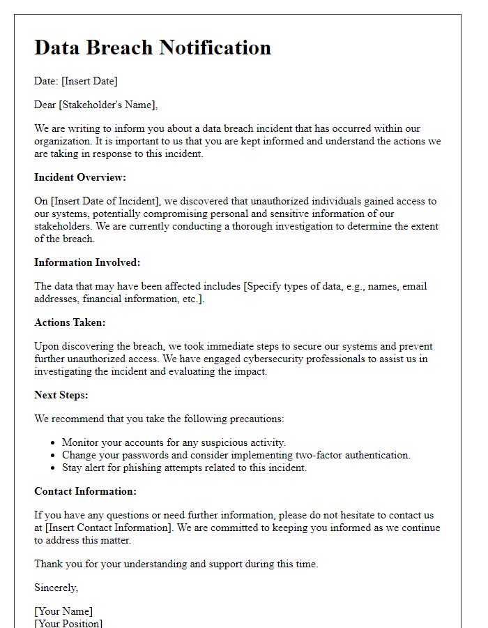 Letter template of data breach notification for stakeholders.