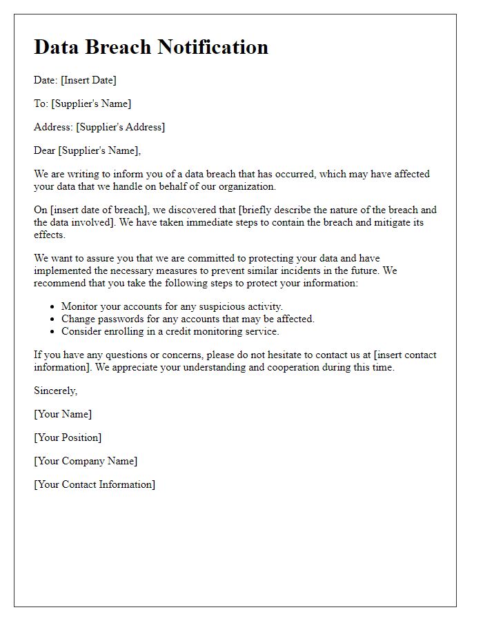 Letter template of data breach notification for suppliers.