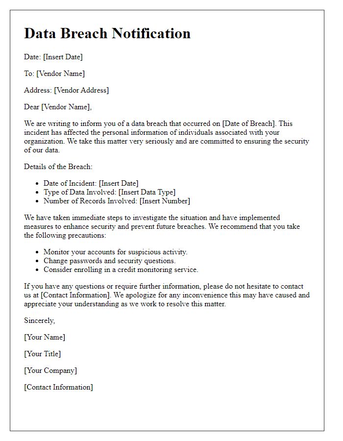 Letter template of data breach notification for vendors.