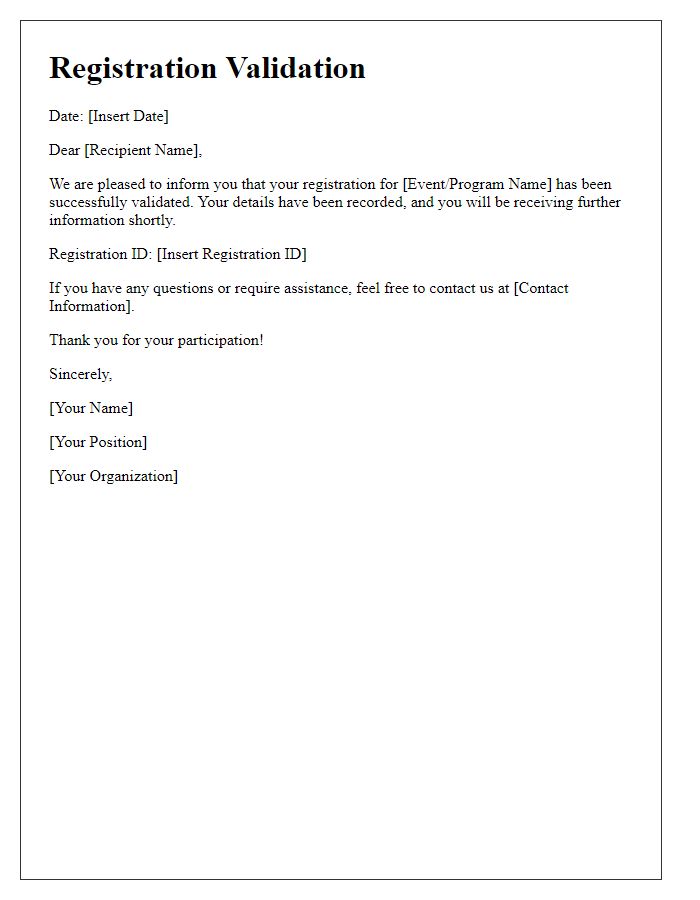 Letter template of registration validation