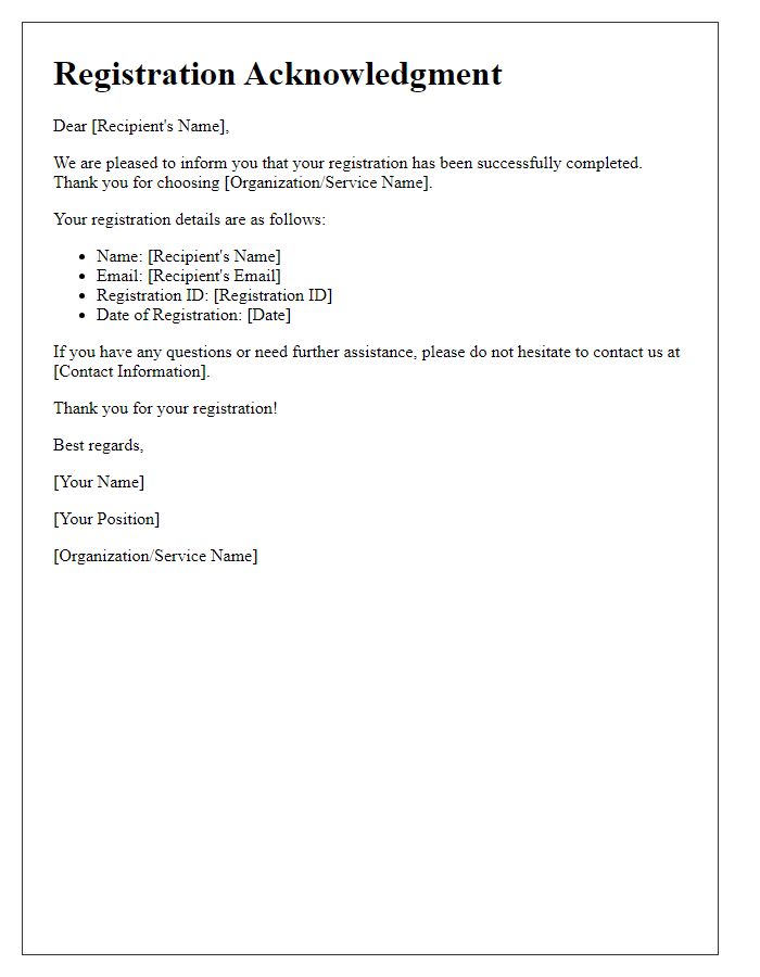 Letter template of successful registration acknowledgment