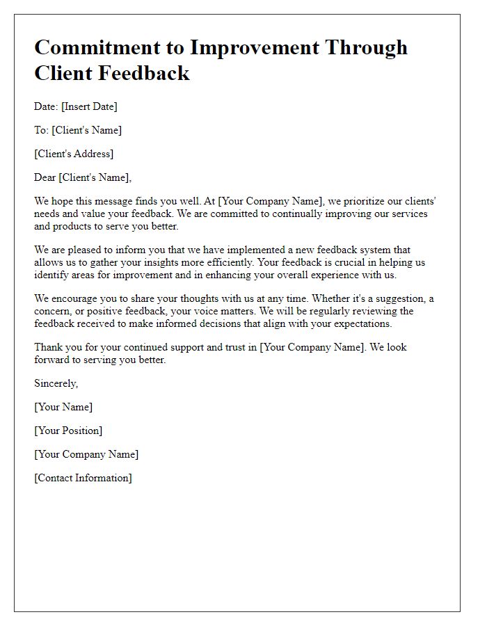 Letter template of commitment to improvement through client feedback.