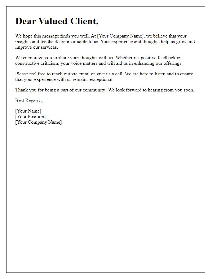 Letter template of encouragement for clients to share their thoughts.