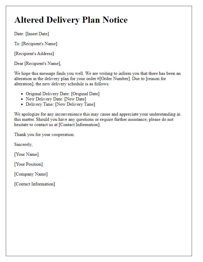 Letter template of altered delivery plan notice