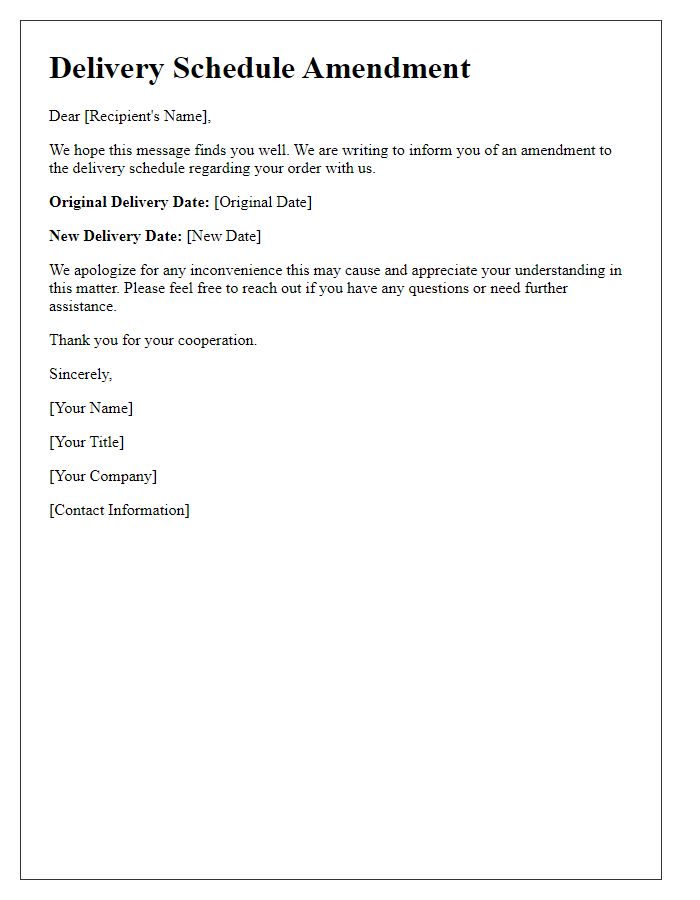 Letter template of delivery schedule amendment