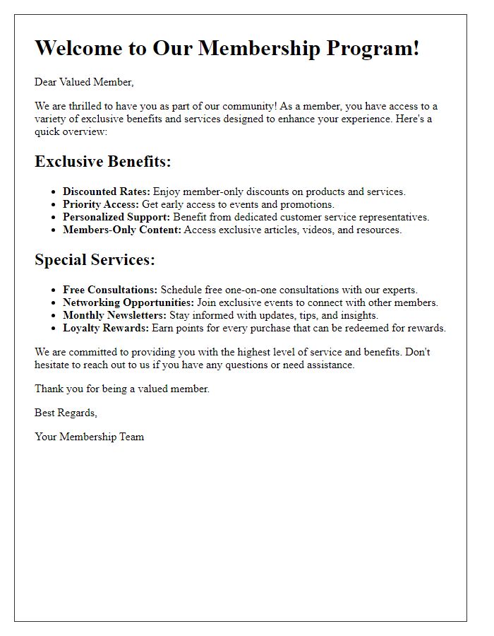 Letter template of outlining member-exclusive benefits and services.