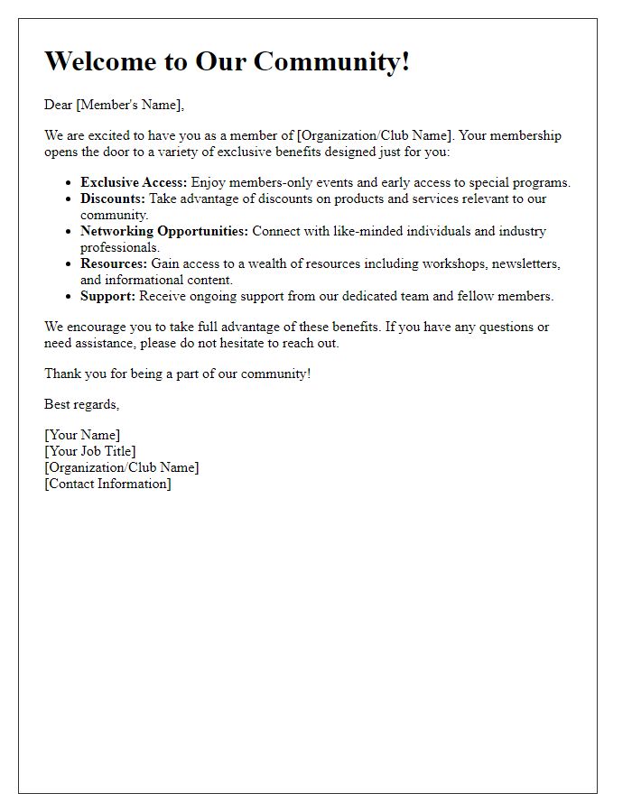 Letter template of presenting the benefits that come with membership.