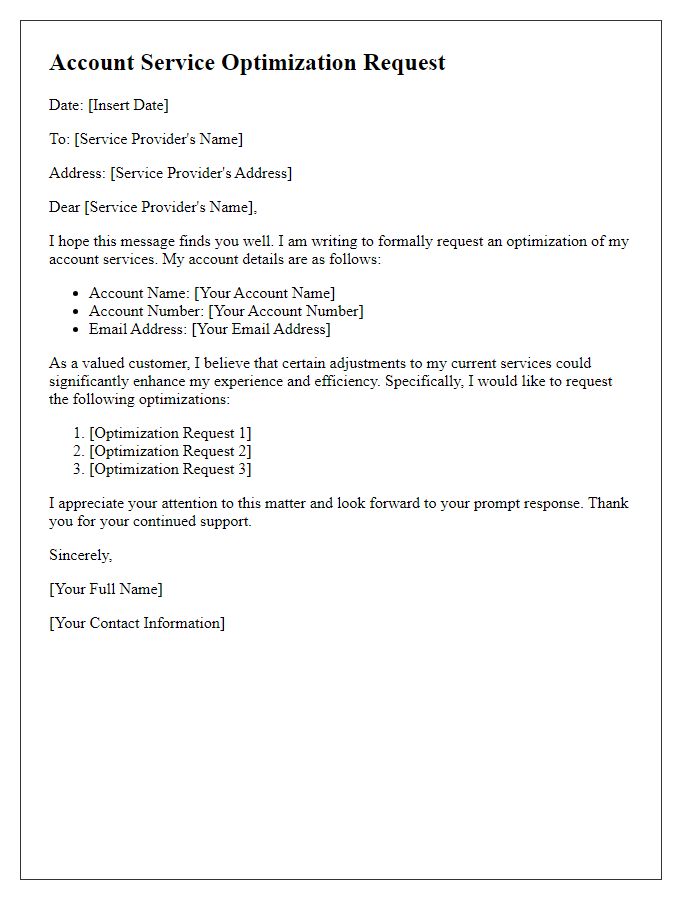 Letter template of account service optimization request