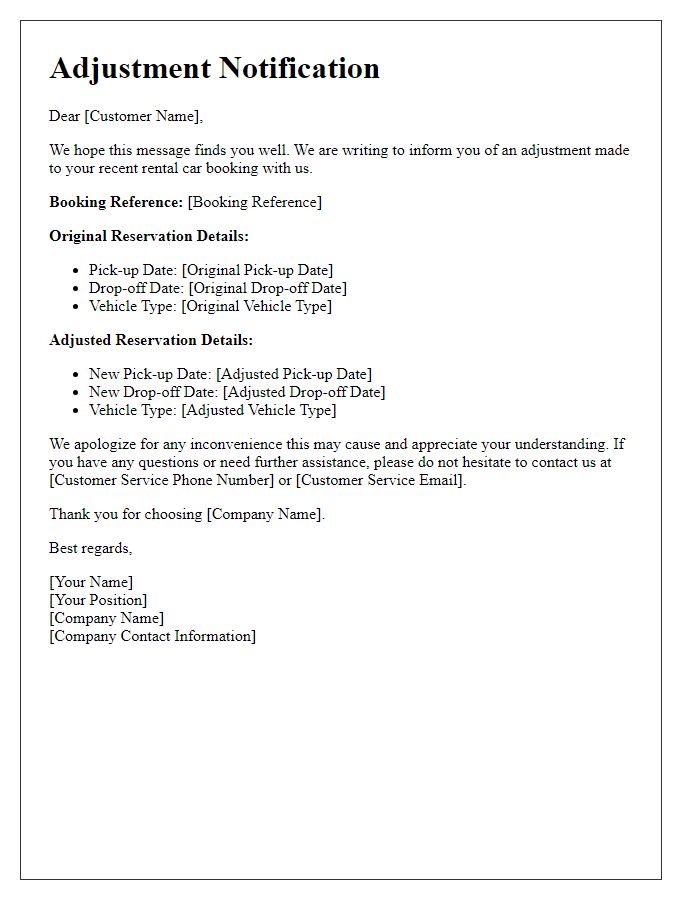 Letter template of adjustment notification for rental car bookings.