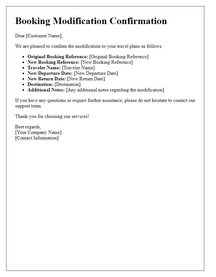 Letter template of booking modification confirmation for travel plans.