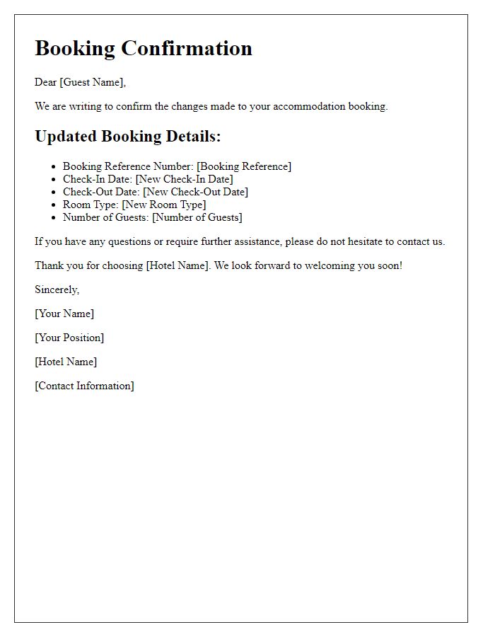 Letter template of confirmation for changes in accommodation bookings.