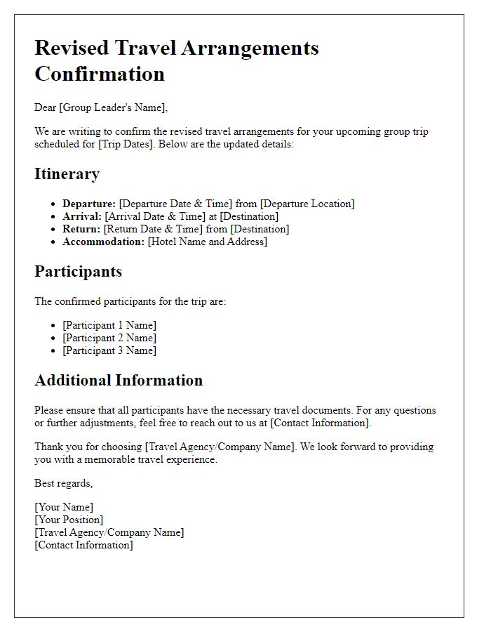 Letter template of revised travel arrangements confirmation for group trips.