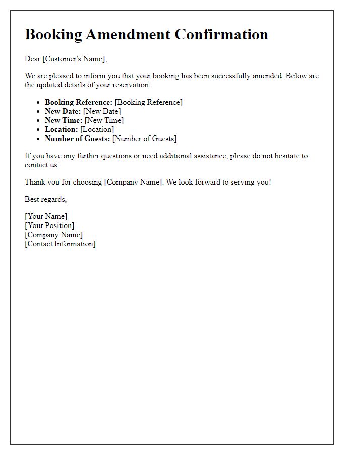 Letter template of successful booking amendment notification.