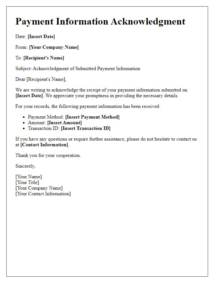 Letter template of acknowledgment for submitted payment information