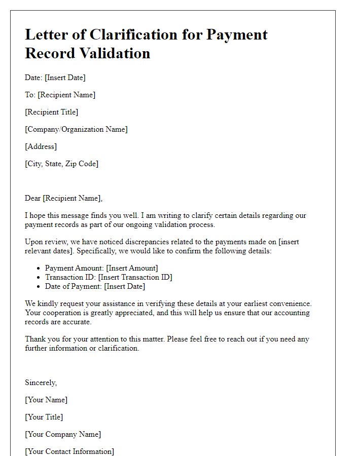 Letter template of clarification for payment record validation