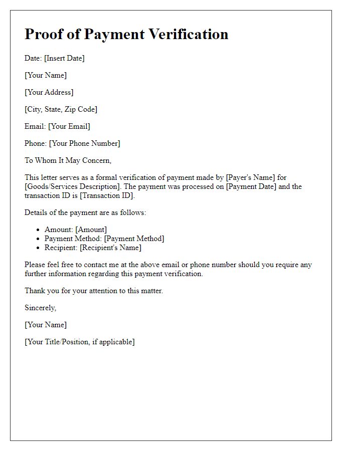 Letter template of proof of payment verification